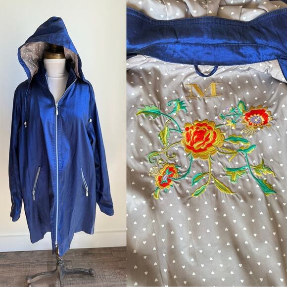 MYCRA PAC BLUE RAIN JACKET FLORAL EMBROIDERY GREY HEART LINING SIZE 3 XL - Picture 1 of 8